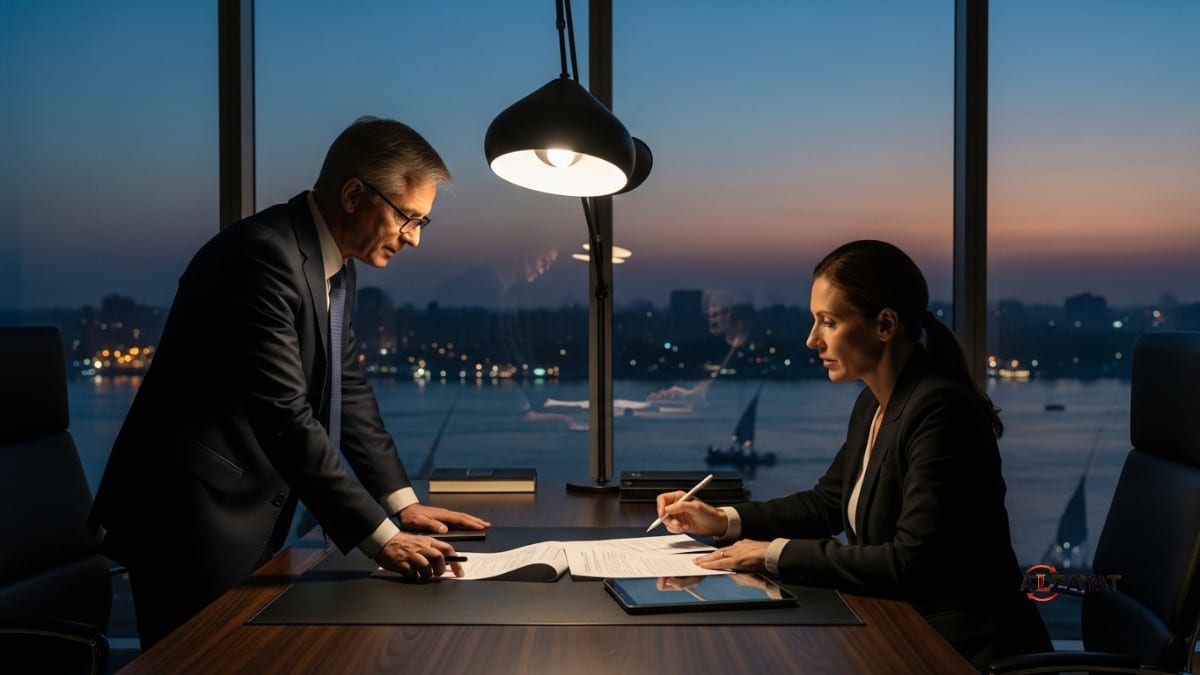 A senior lawyer at Alzayat Law Firm discussing a strategy for dispute resolution in Egypt with a client in a luxurious office.