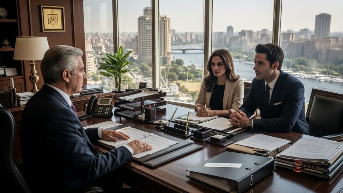 A senior lawyer from a private client's law firm advising a family in a luxurious Cairo office.